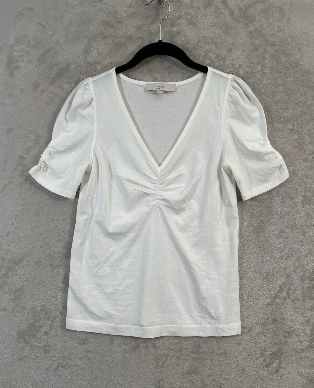 Loft White Ruched V-Neck Puff Sleeve White Shirt Size XS Balletcore Coquette